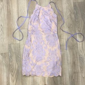 Low cut strappy back. Purple mini dress